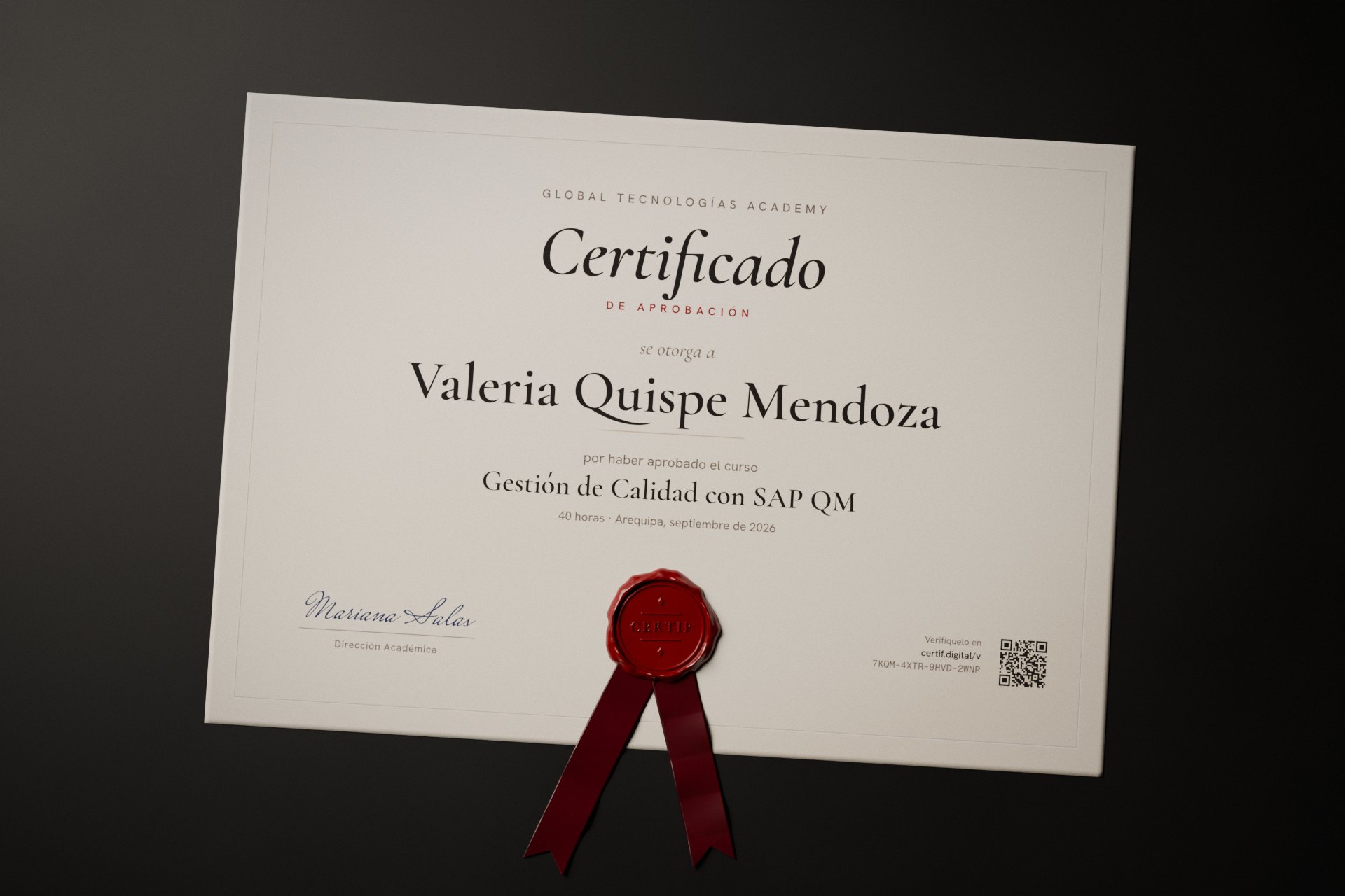 Certificado Certif visto desde arriba, plantilla clásica con sello de lacre (ejemplo)
