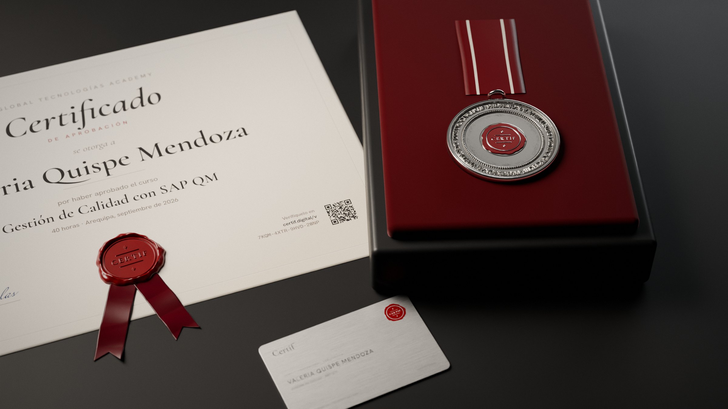 La Distinción Certif: estuche con medalla con baño de plata, certificado con sello de lacre y credencial de metal